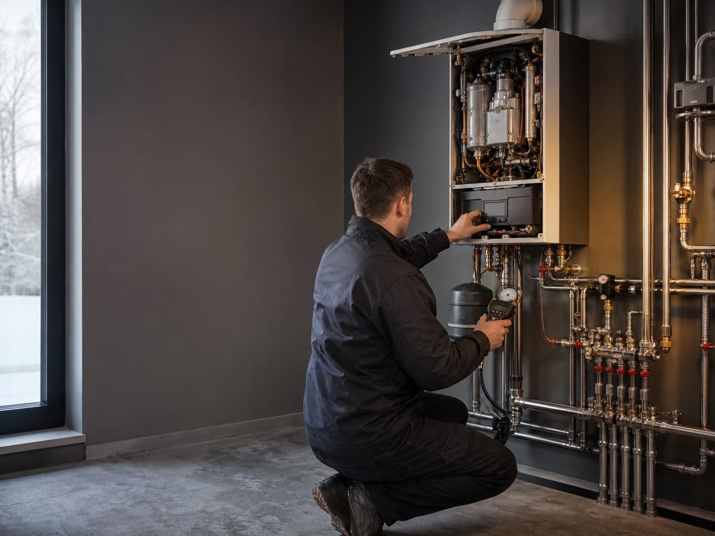Инженер настраивает газовый котёл в котельной частного дома